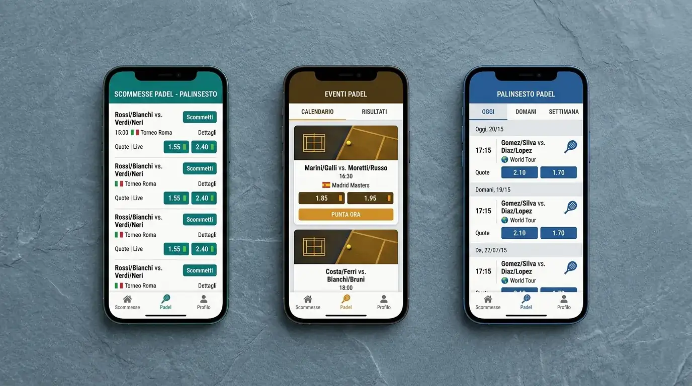 Confronto di tre smartphone affiancati con app di scommesse di concessionari ADM, ciascuna con palinsesto padel diverso