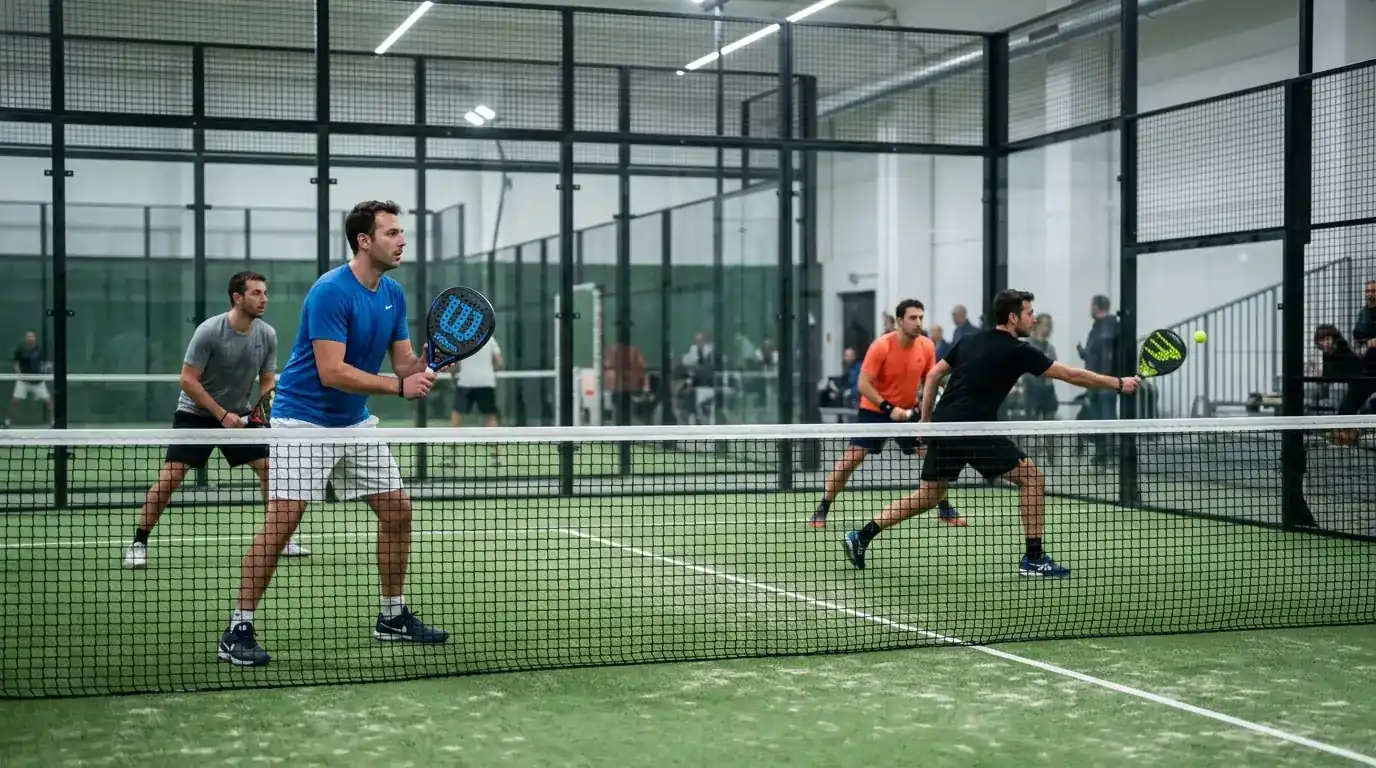 Partita di padel in doppio su campo con pareti in vetro, formato a coppie tipico delle scommesse padel