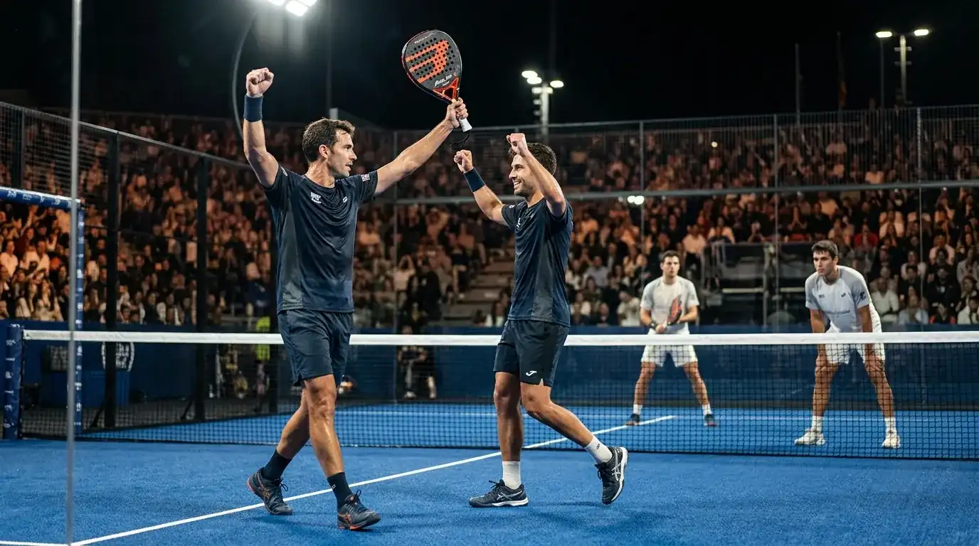 Coppia di giocatori professionisti di padel in azione durante una finale di un torneo Premier Padel internazionale