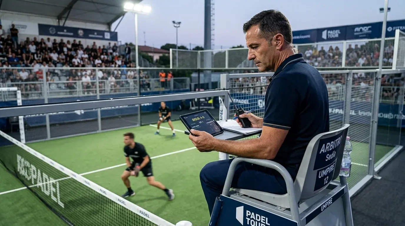 Arbitro di padel sulla sedia centrale che controlla il punteggio durante una partita di un torneo professionistico