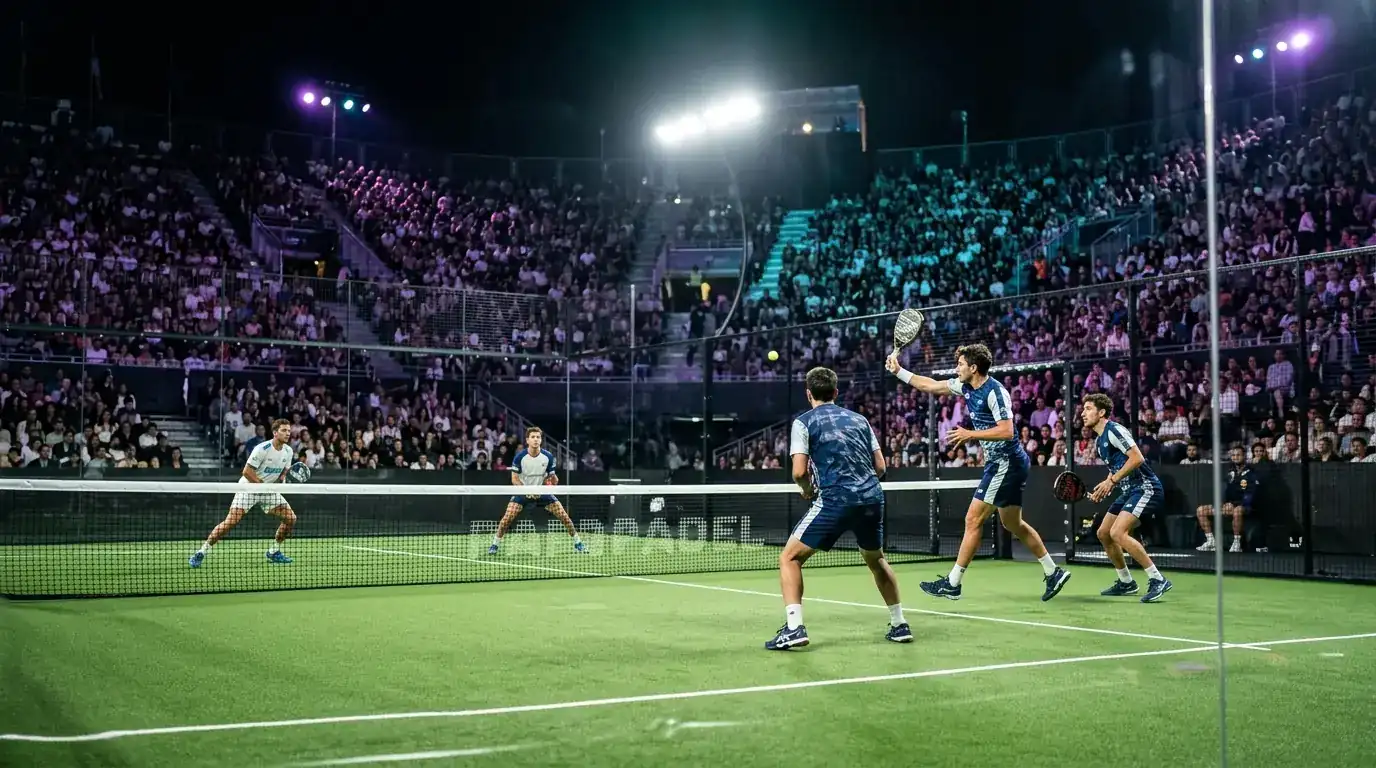 Stadio centrale di un Major Premier Padel con campo in vetro illuminato e tribune piene durante una finale internazionale